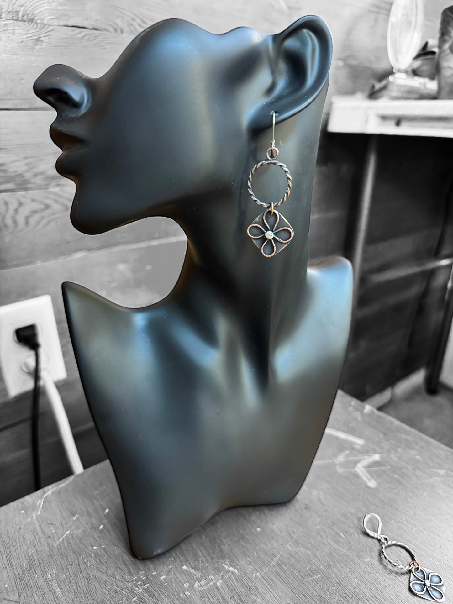 Copper and sterling silver dangle flower earrings
