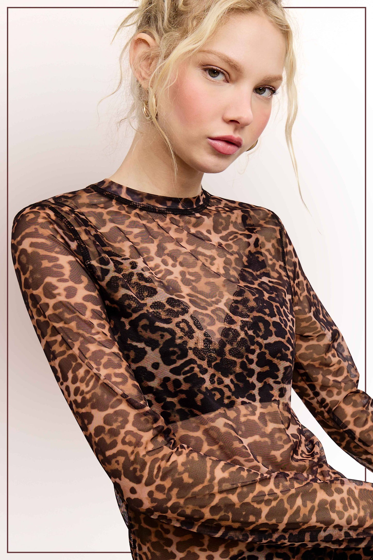 Semi Sheer Leopard Printed Long Sleeve Mesh Top