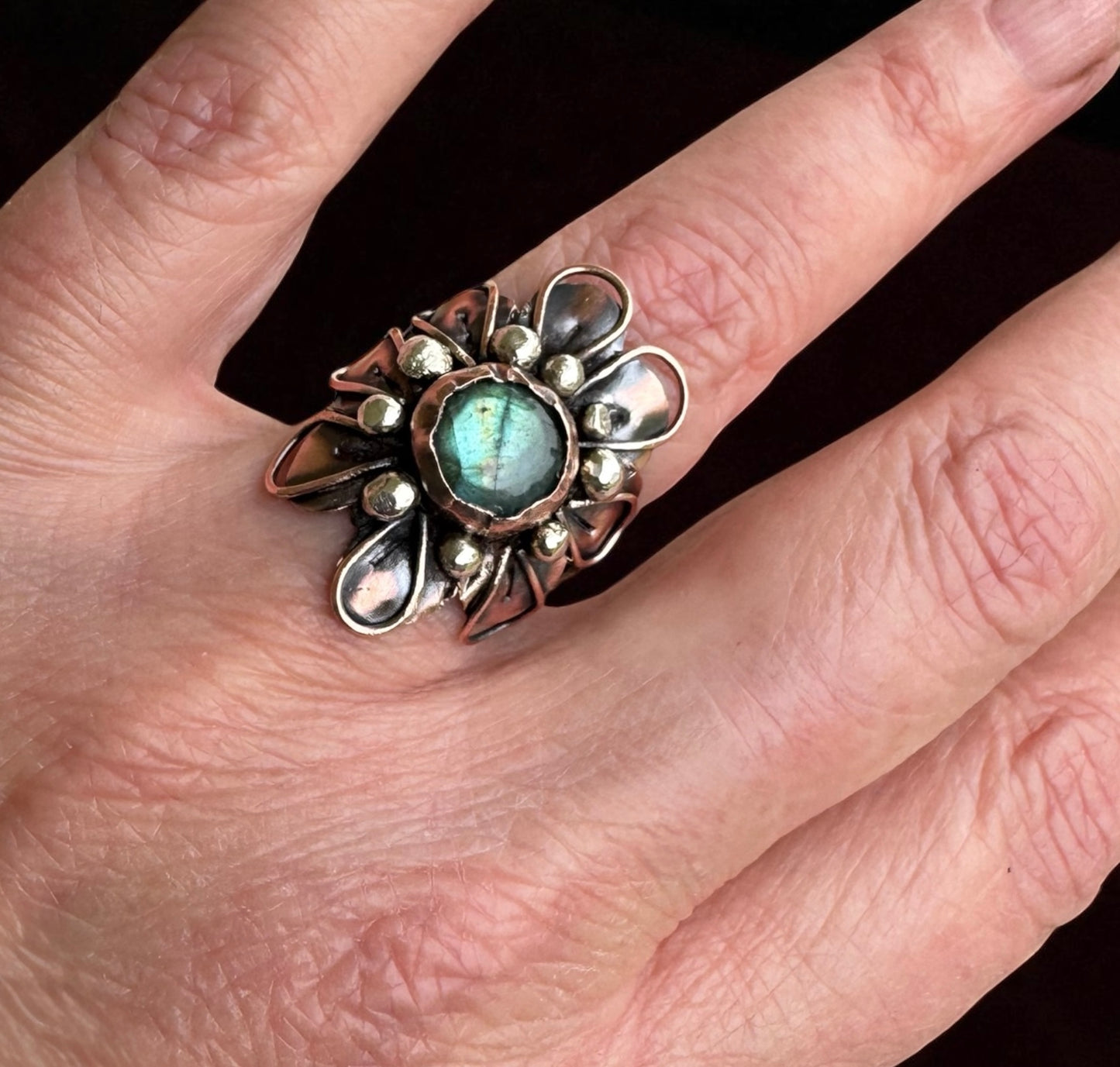 Labradorite Bloom Ring — Mixed Metal Wide-Band Statement with Sterling Accents (Size 7.5)