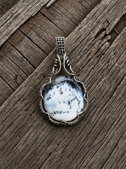 Dendritic Agate and sterling silver wire wrapped pendant.