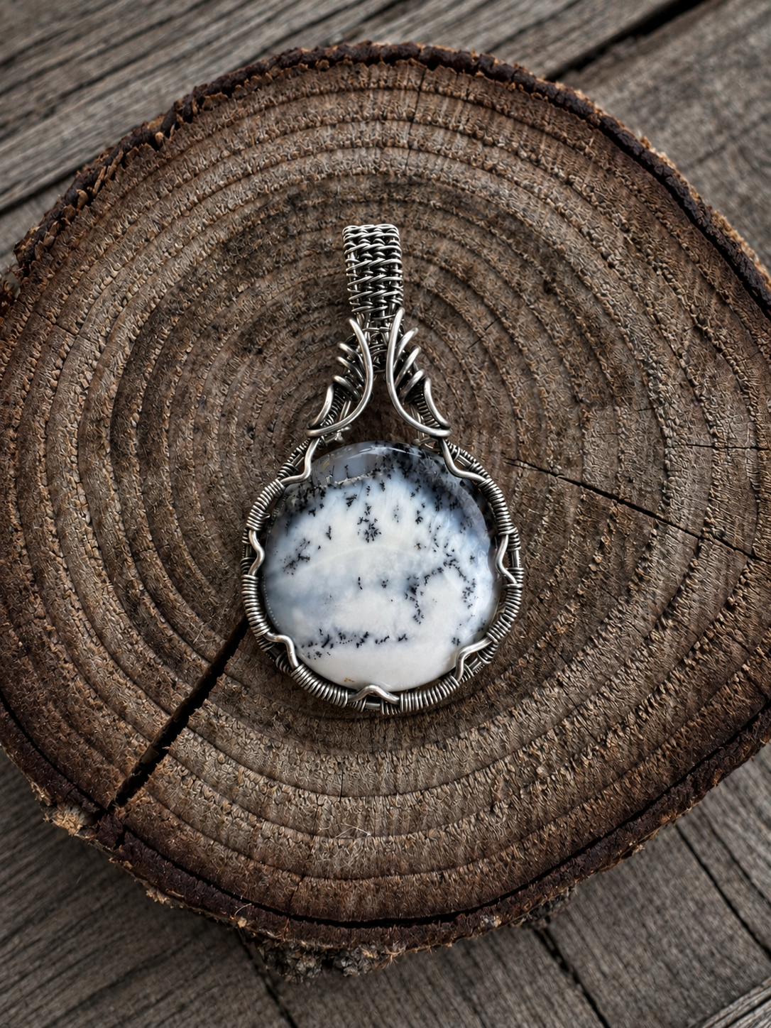Dendritic Agate and sterling silver wire wrapped pendant.