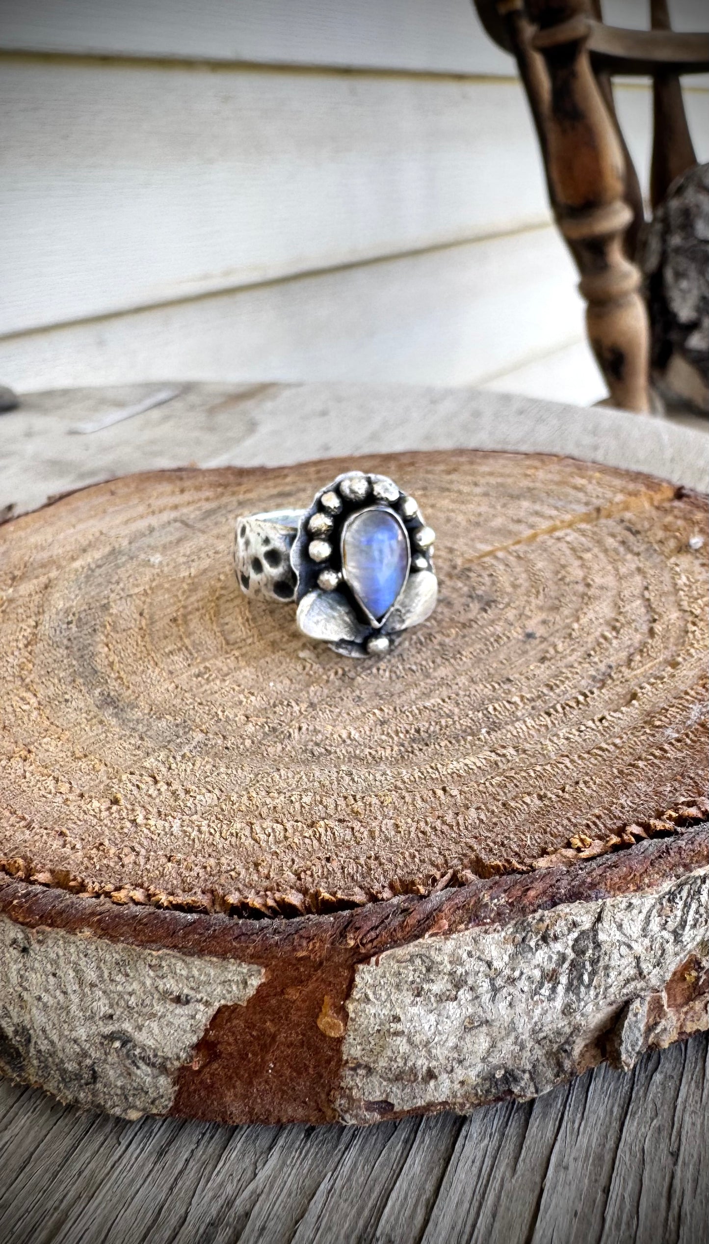 Moonlit Bloom Ring- Fine Silver & Rainbow Moonstone (Size 8)