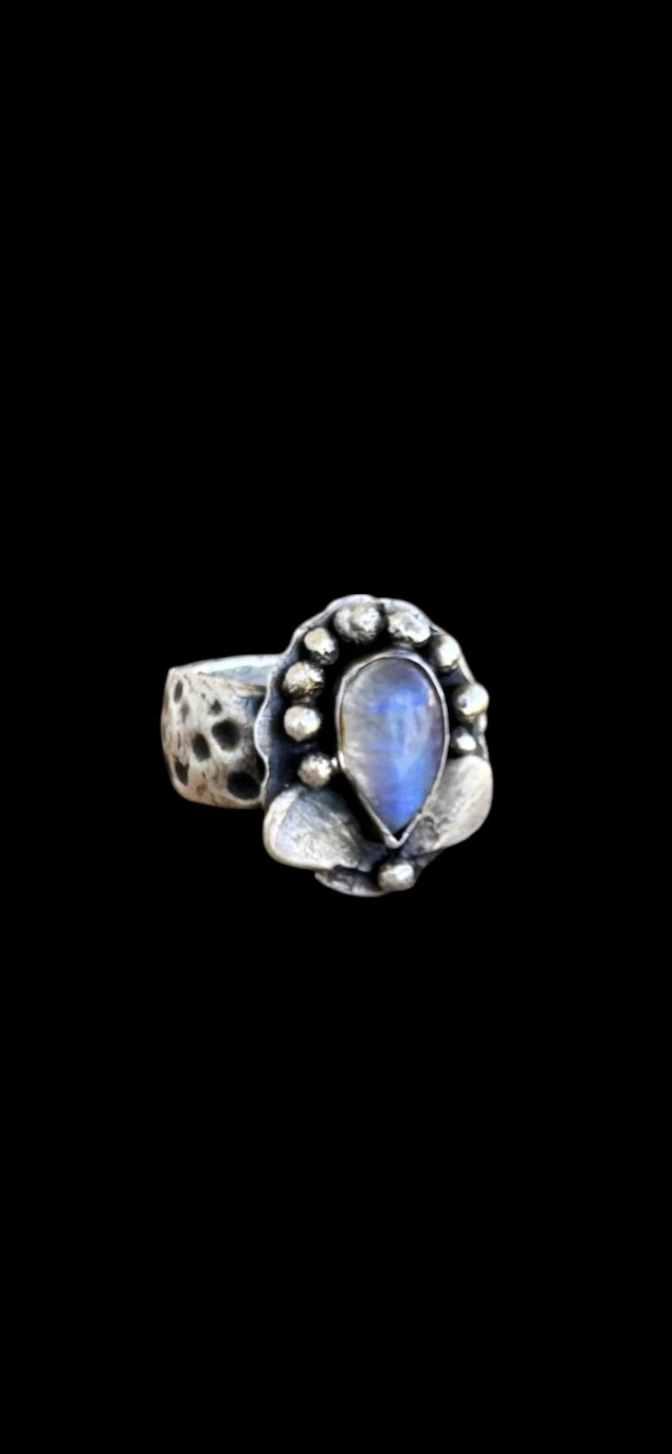 Moonlit Bloom Ring- Fine Silver & Rainbow Moonstone (Size 8)