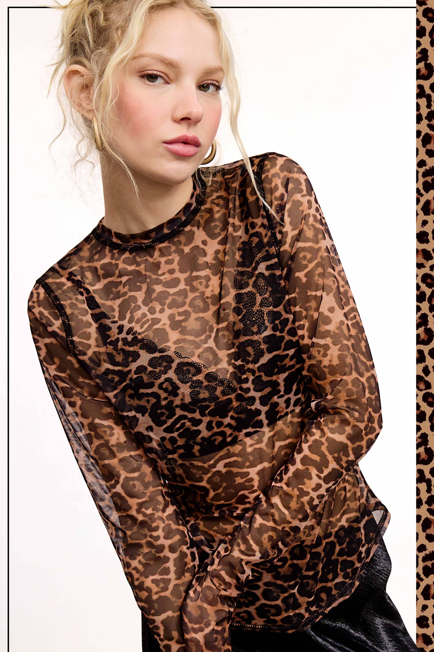 Semi Sheer Leopard Printed Long Sleeve Mesh Top