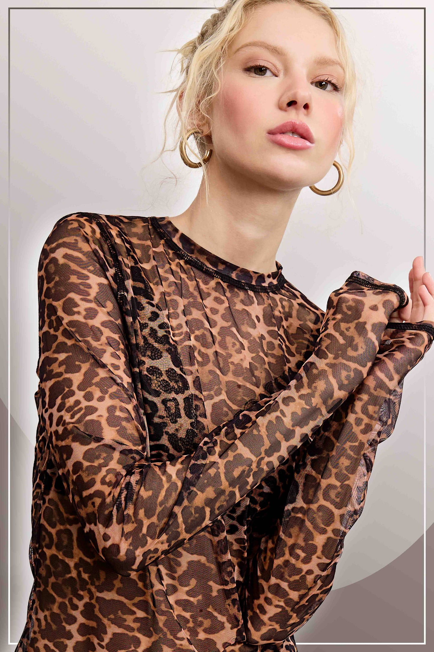 Semi Sheer Leopard Printed Long Sleeve Mesh Top