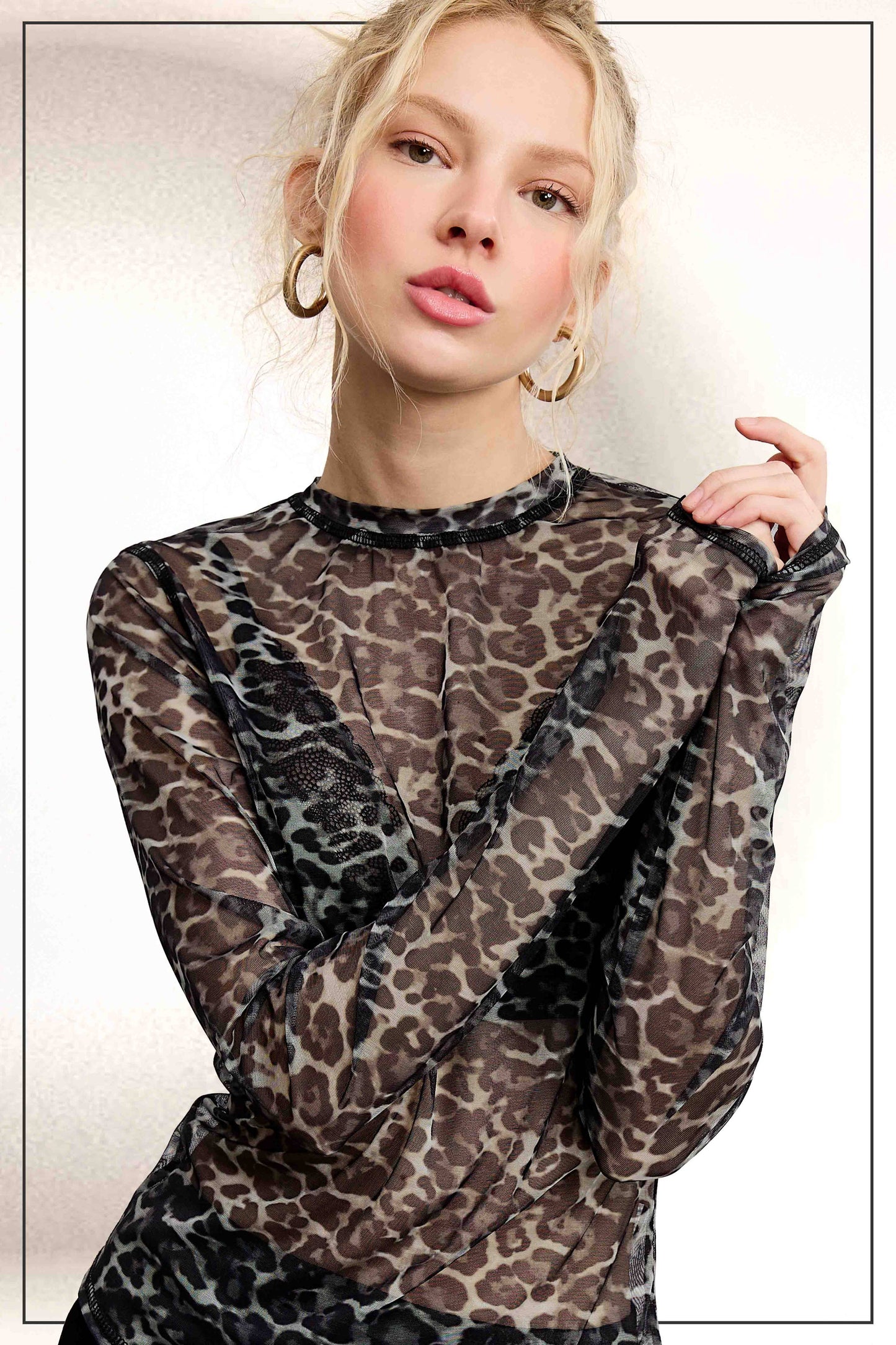 Semi Sheer Leopard Printed Long Sleeve Mesh Top