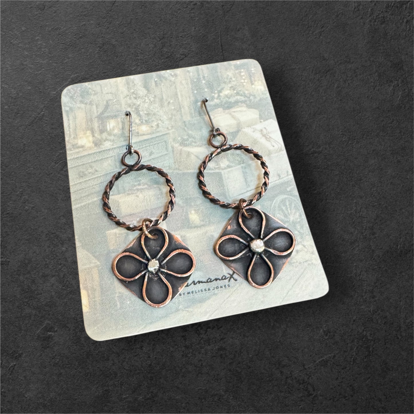 Copper and sterling silver dangle flower earrings