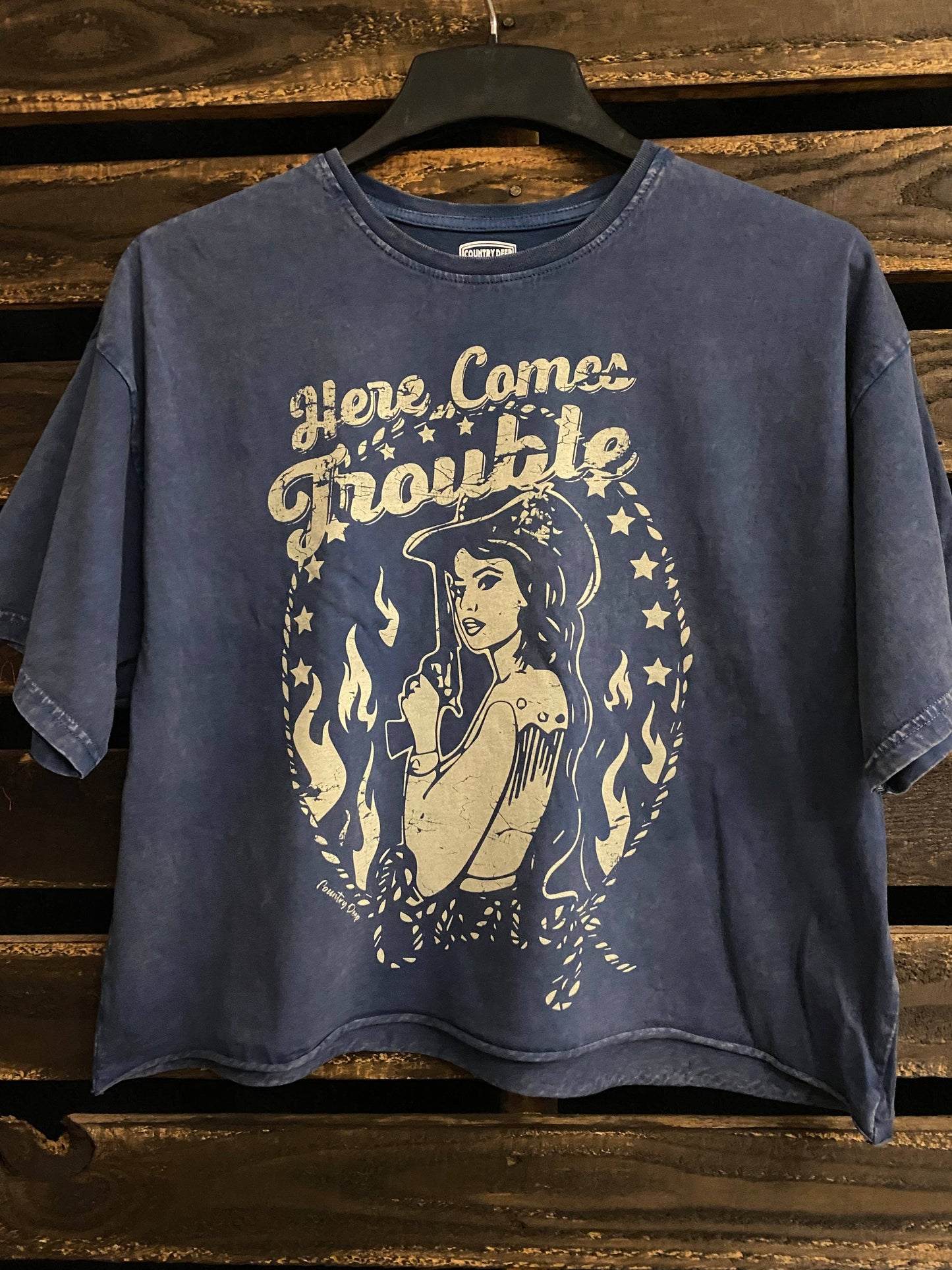 Here Comes Trouble Navy OVERSIZED Lava Washed Cropped T- shirt
