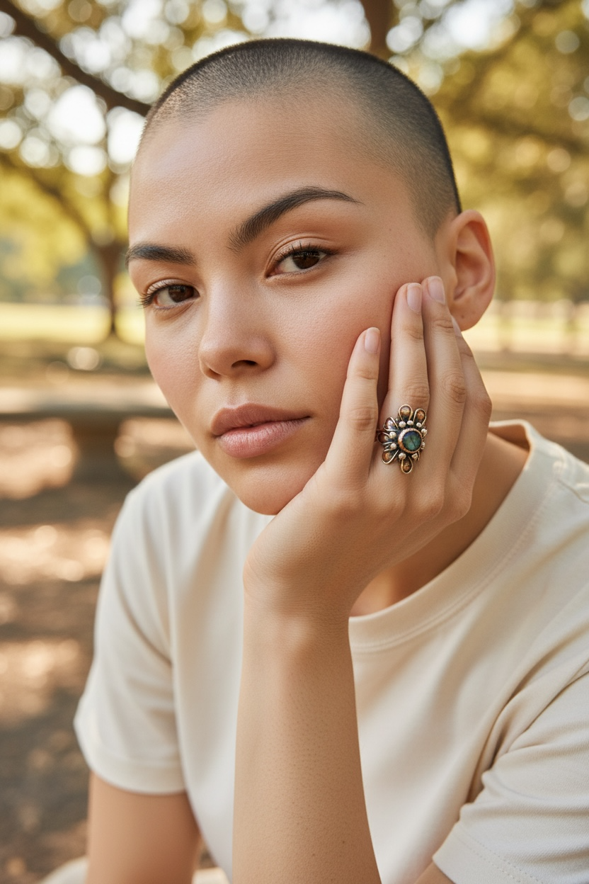 Labradorite Bloom Ring — Mixed Metal Wide-Band Statement with Sterling Accents (Size 7.5)