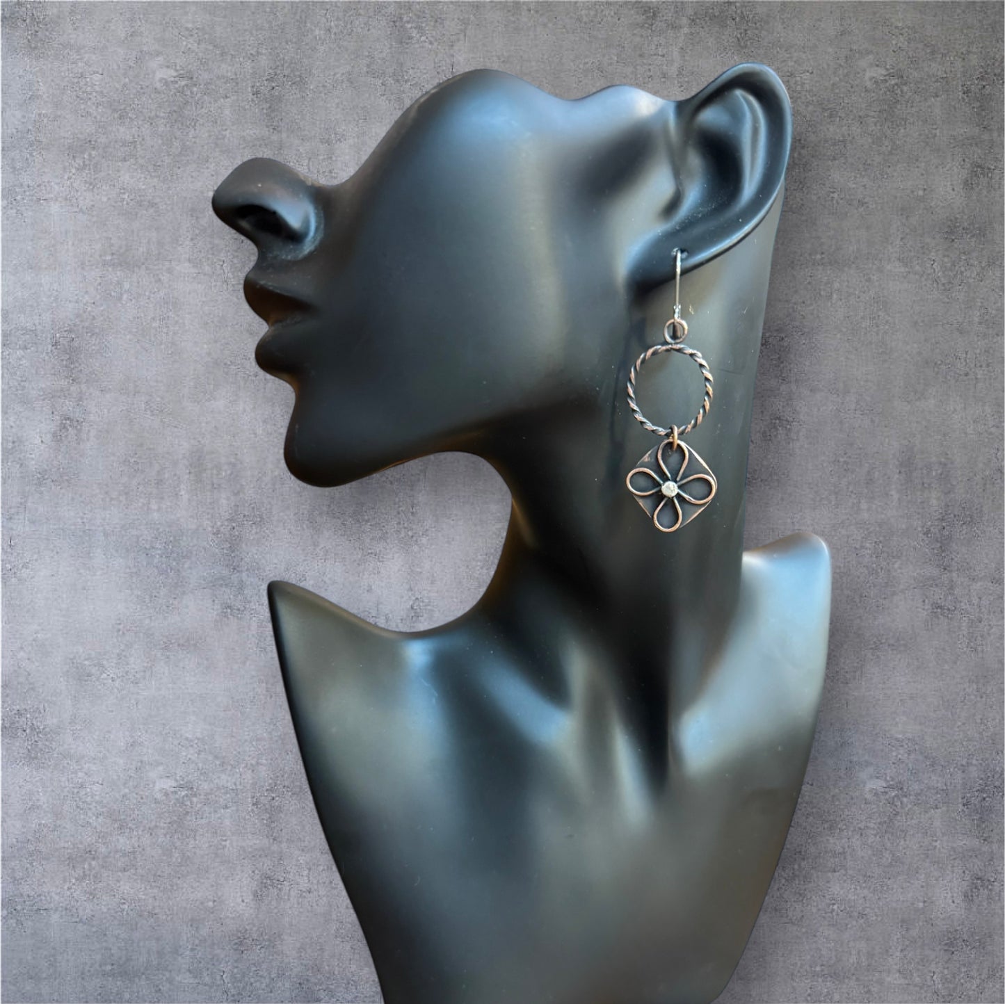 Copper and sterling silver dangle flower earrings