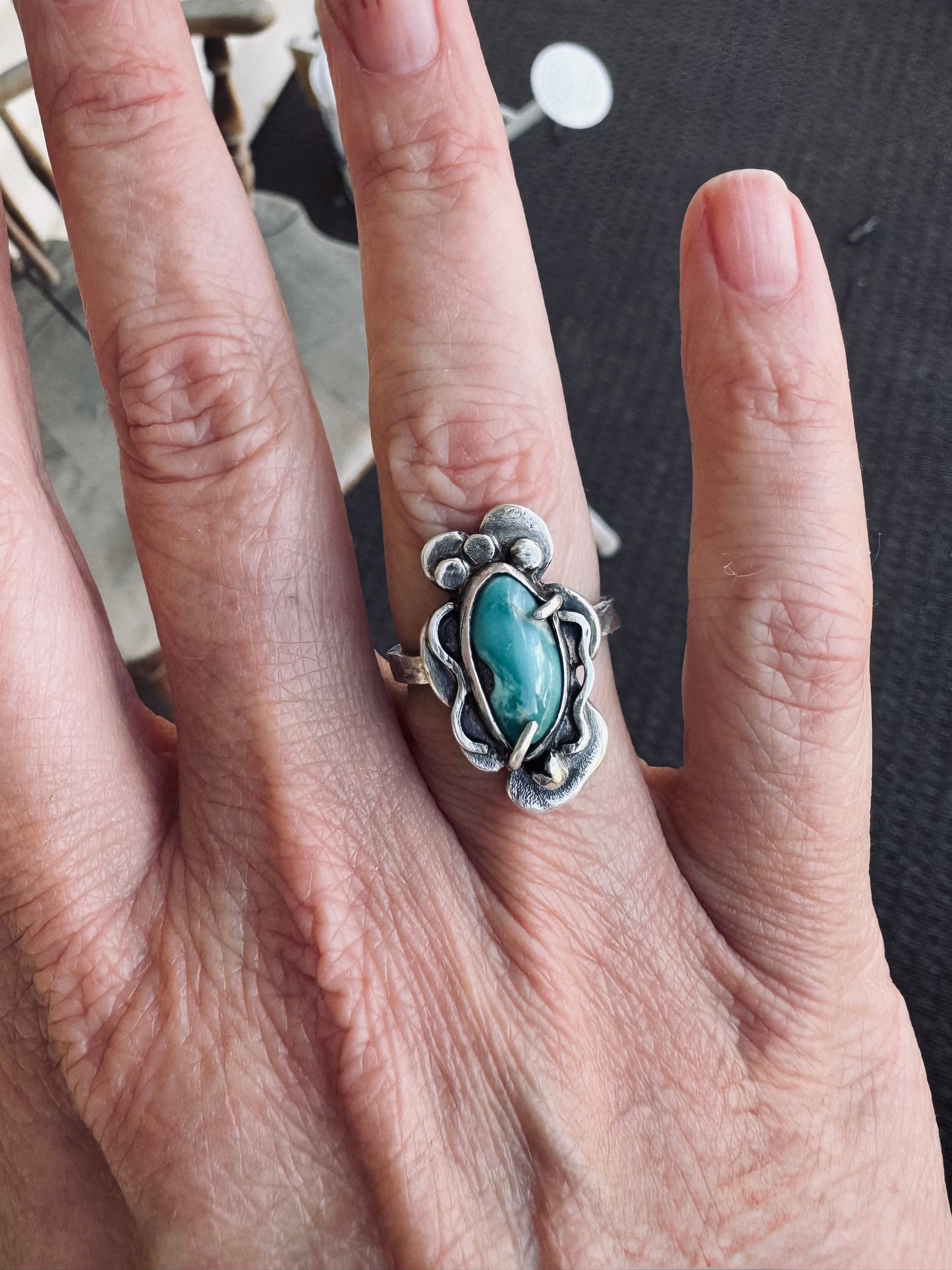 Turquoise and fine silver one of a kind ring. Size 7