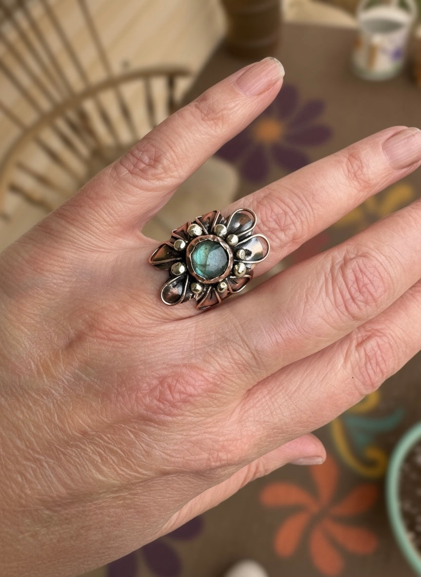 Labradorite Bloom Ring — Mixed Metal Wide-Band Statement with Sterling Accents (Size 7.5)