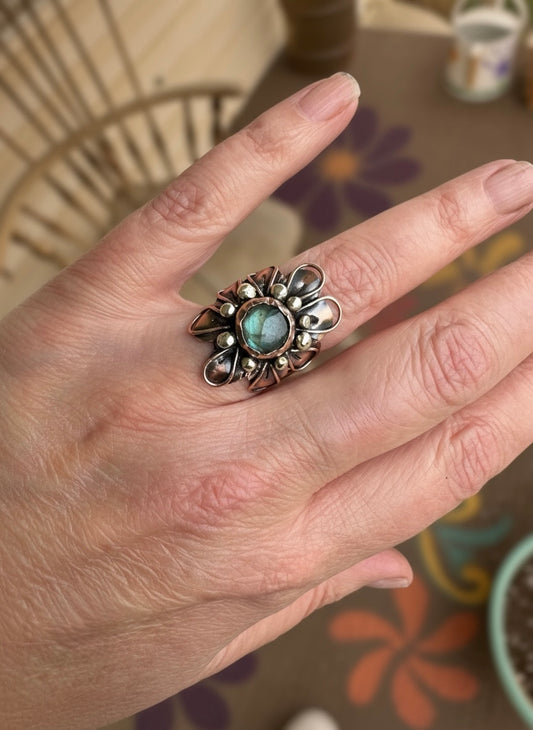 Labradorite Bloom Ring — Mixed Metal Wide-Band Statement with Sterling Accents (Size 7.5)