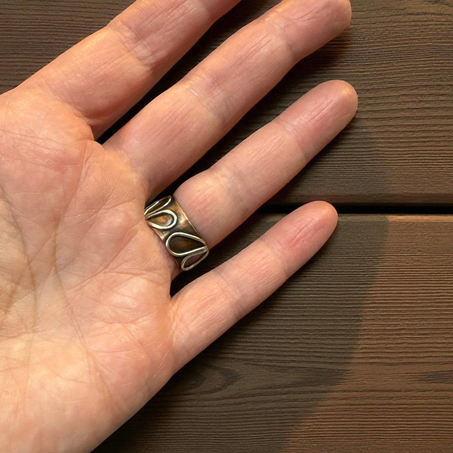 Labradorite Bloom Ring — Mixed Metal Wide-Band Statement with Sterling Accents (Size 7.5)