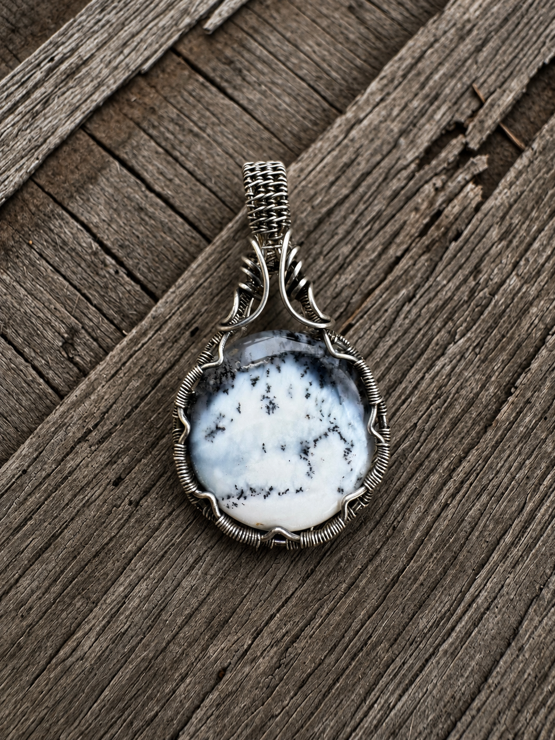 Dendritic Agate and sterling silver wire wrapped pendant.