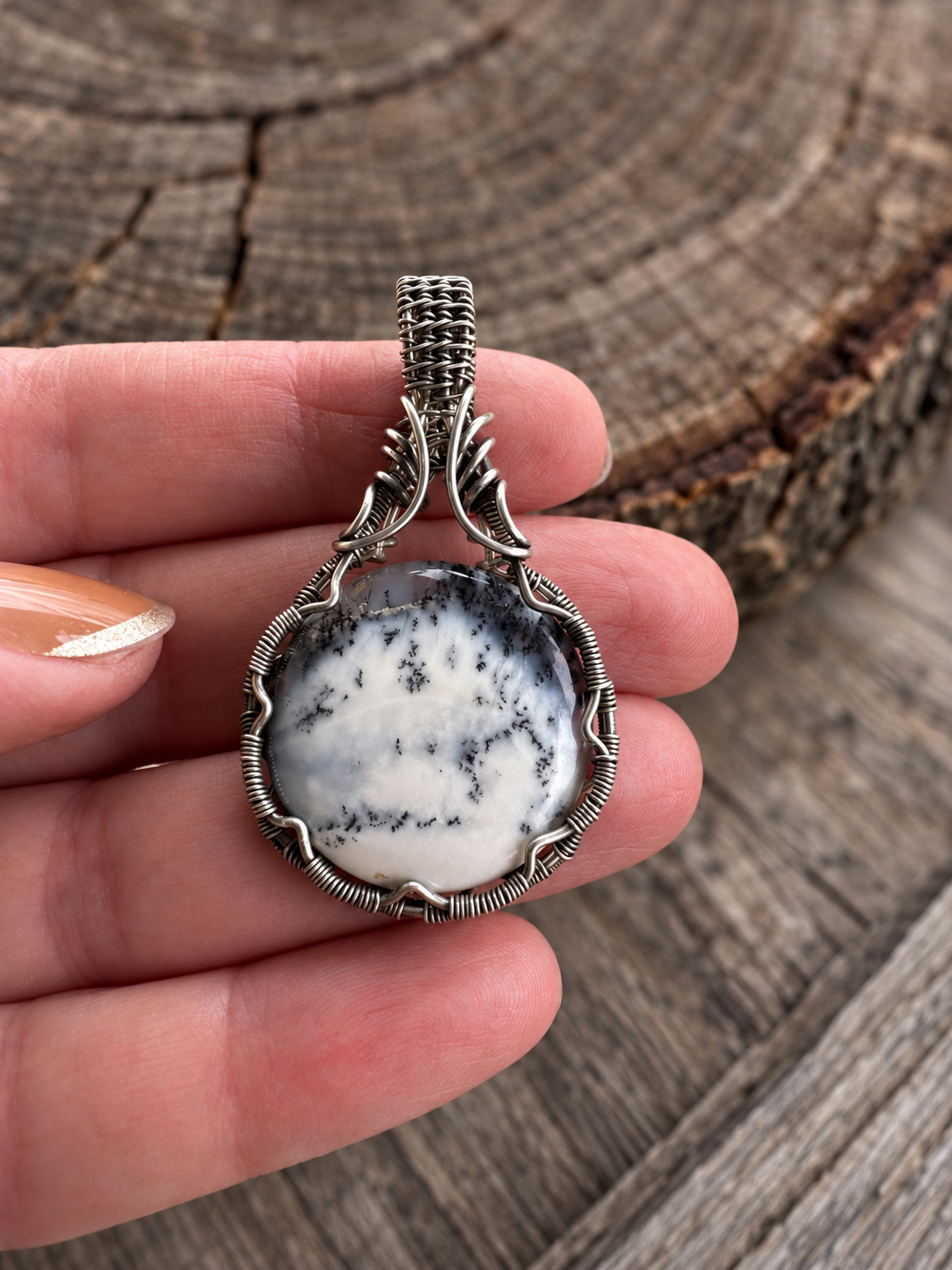 Dendritic Agate and sterling silver wire wrapped pendant.