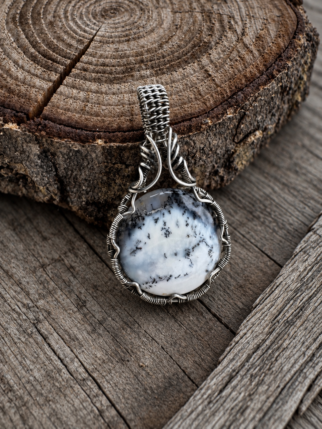 Dendritic Agate and sterling silver wire wrapped pendant.