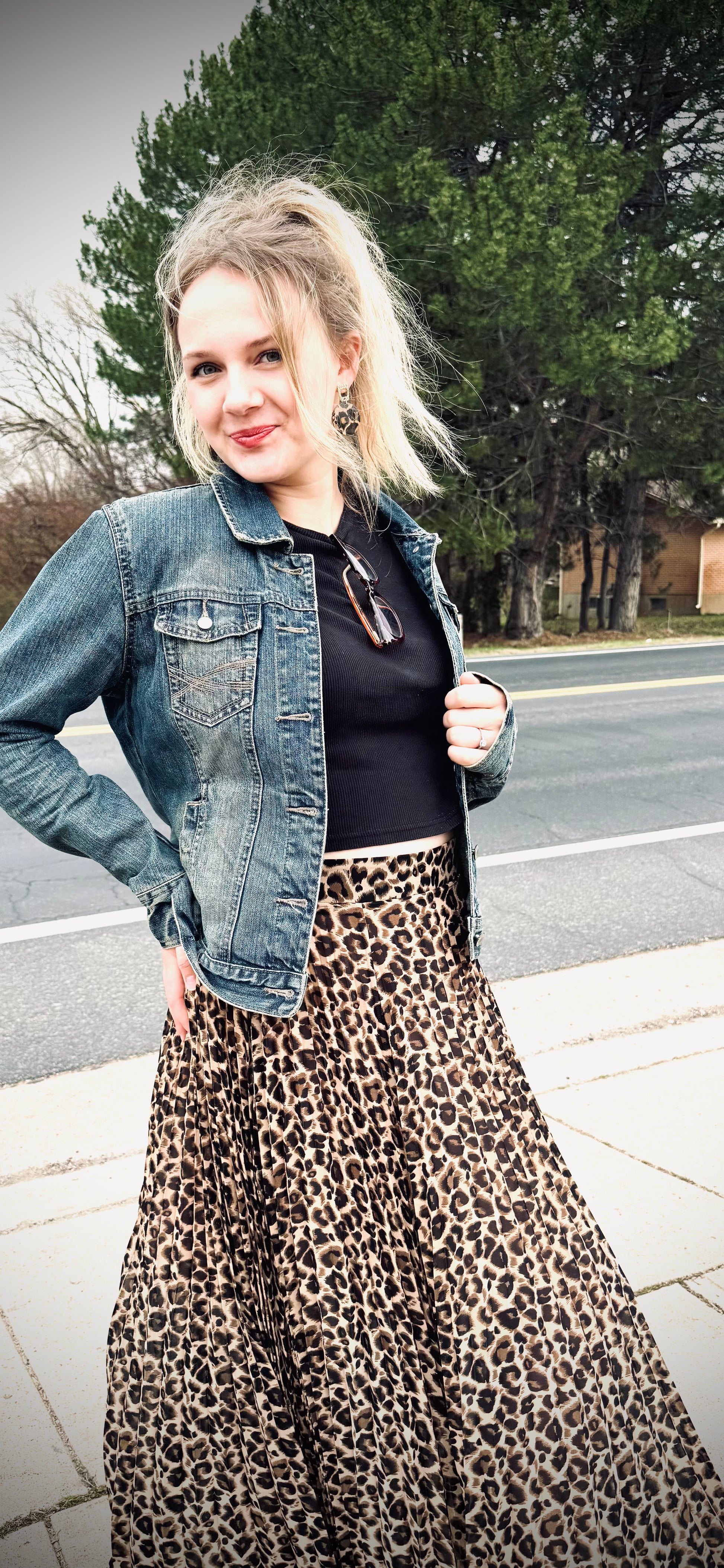 Denim Jacket Mid Length Leopard Skirts In Style Pleated Skirt Mid