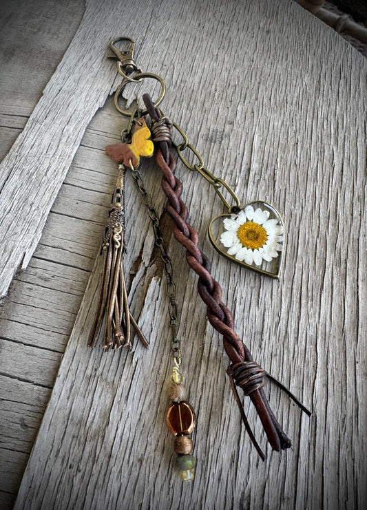 Wildflower Wanderer Purse Charm- Genuine Leather & Resin Heart