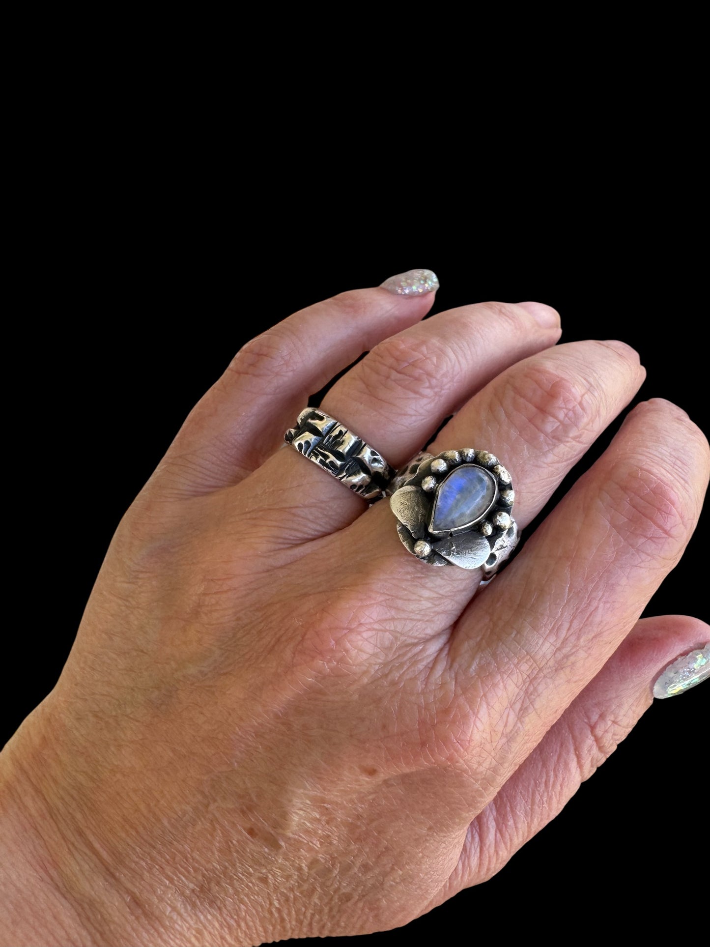 Moonlit Bloom Ring- Fine Silver & Rainbow Moonstone (Size 8)